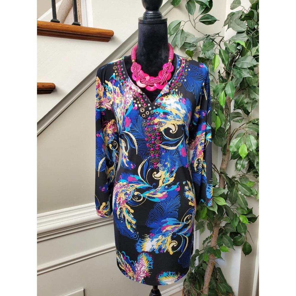Style & Co. Women's Blue & Black Polyester V-Neck Long Sleeve Top Blouse Size L